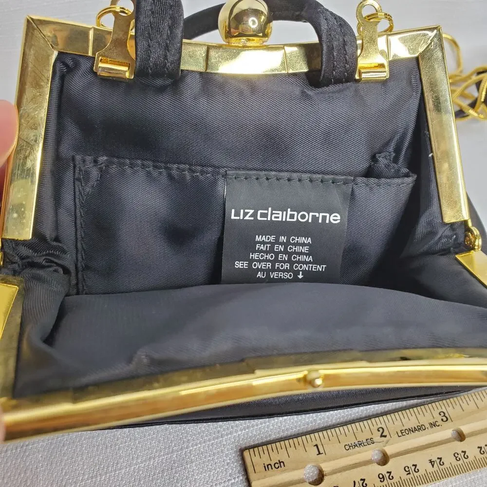 Liz Claiborne Black Satin Convertible Bag w/ Gold Hardware & Clasp